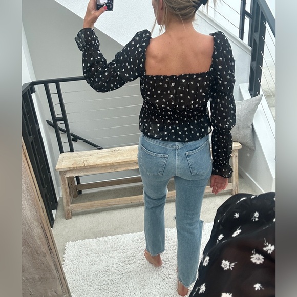 H&M divided black and white floral long sleeve ruffle crop top casual fall S - Picture 7 of 12